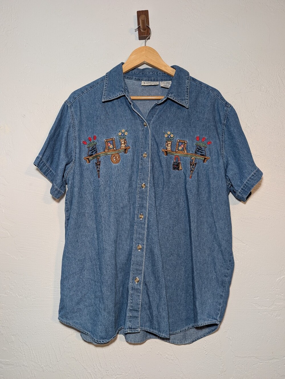 Vintage Denim Embroidered Novelty Shirt Grannycore Cottage Teacher 90s Mom